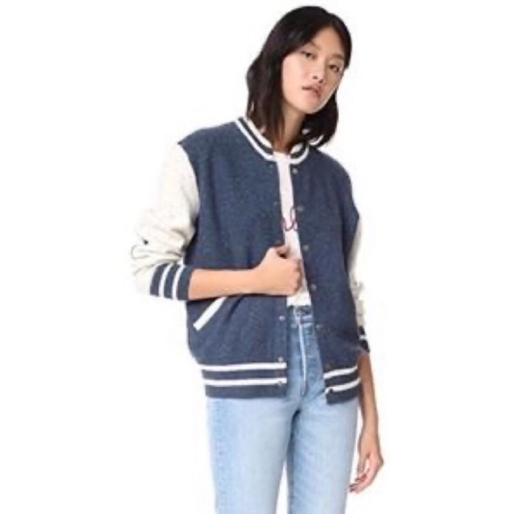 New - SOFT JOIE Blakesley Navy Blue & Ivory  Wool Knit Varsity Jacket  - Size XS
